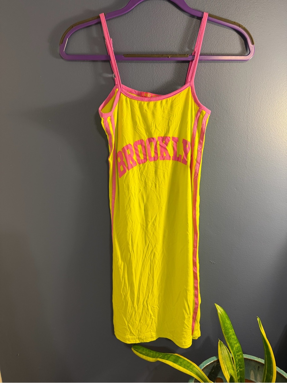 Brooklyn Neon Yellow Slip Dress with Pink Trim Small